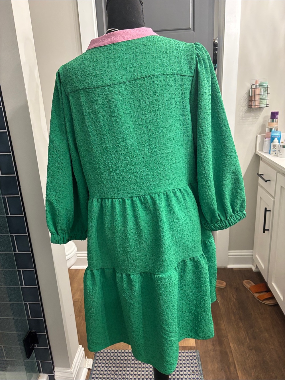 Green Tiered Midi Dress with Pink Trim - Picture 8 of 9